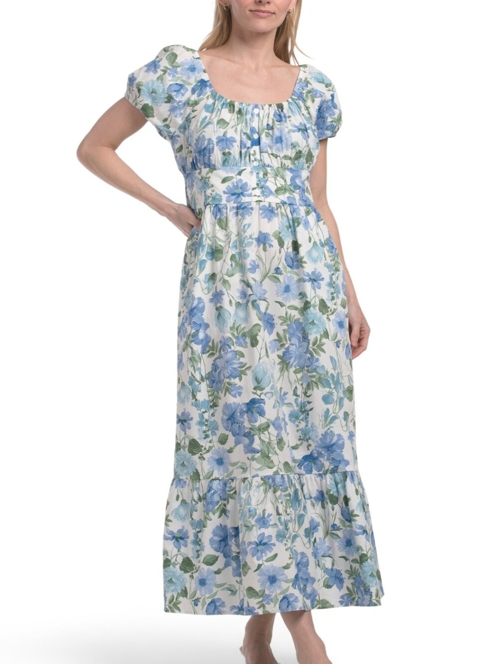 Laura Ashely]Floral Blue & Green Maxi Dress with Puff Sleeves